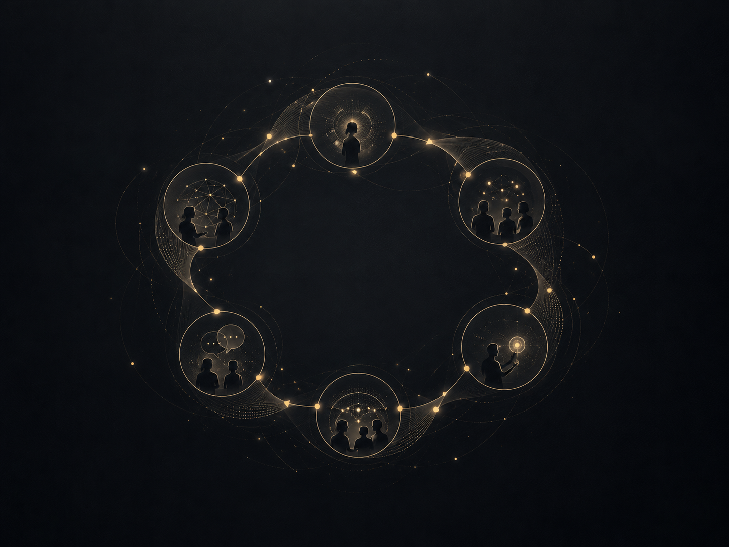 Six connected stages forming a continuous human participation cycle.